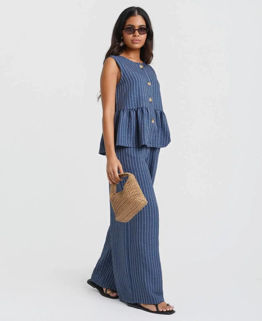 Blue Stripe Wide Leg Trousers: L Needs No Label