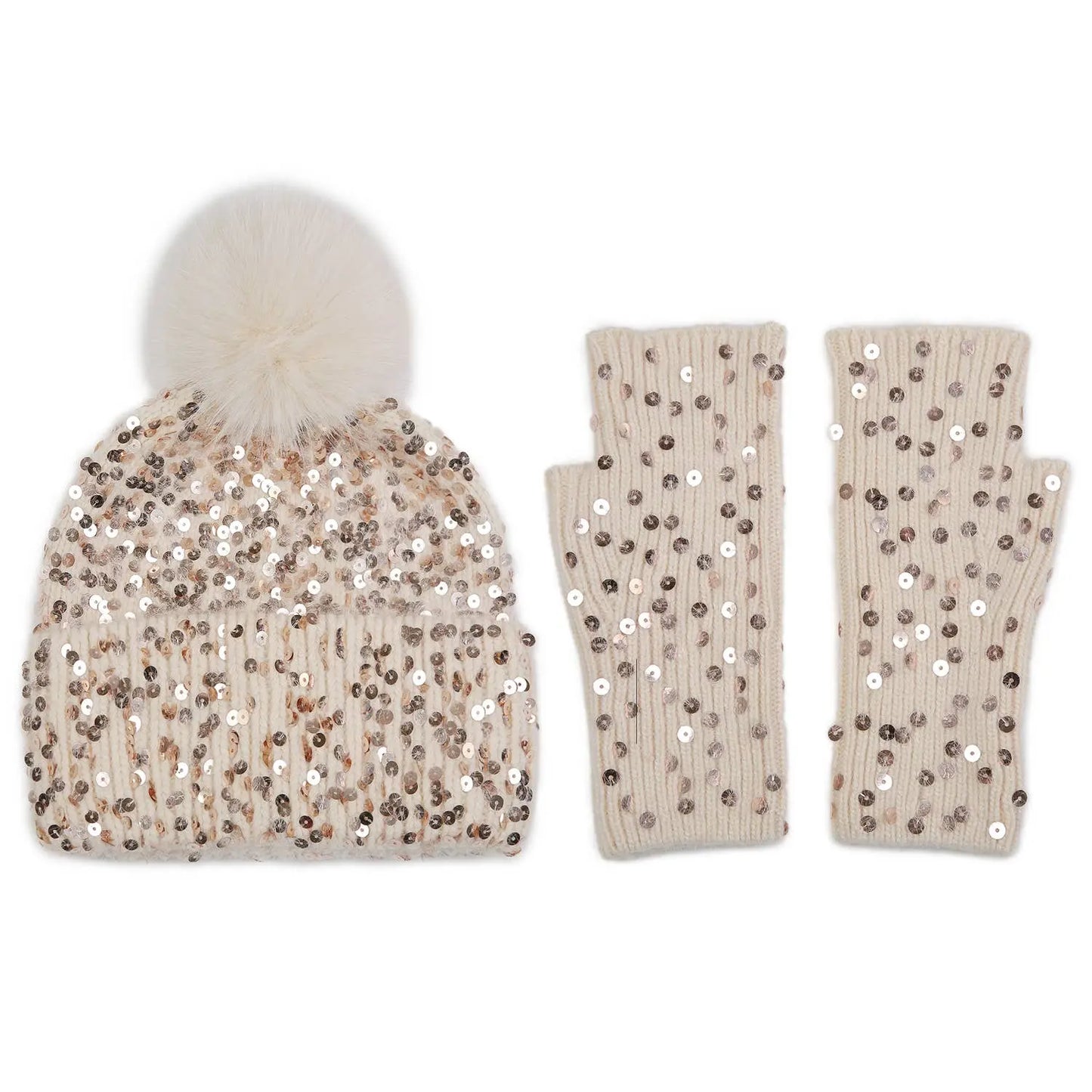 Sequins Pompom Hat and Gloves Set The Style Closet