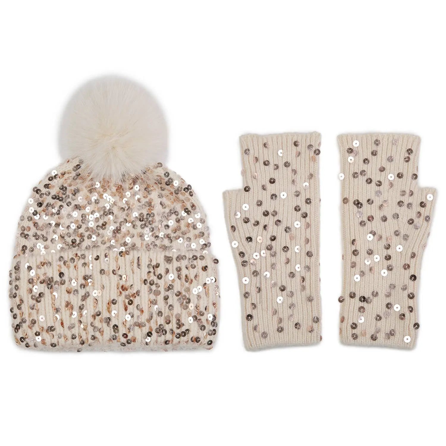 Sequins Pompom Hat and Gloves Set The Style Closet