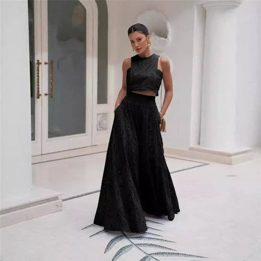 Hollow Print Sleeveless Top And Midi Skirt Set: BLACK / M OceanusSwim