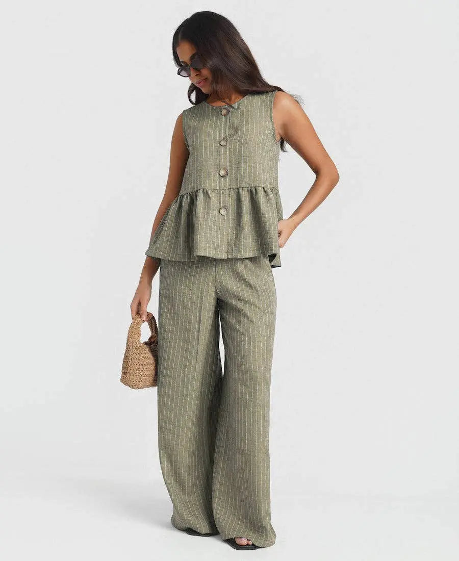Khaki Stripe Wide Leg Trousers: M Needs No Label