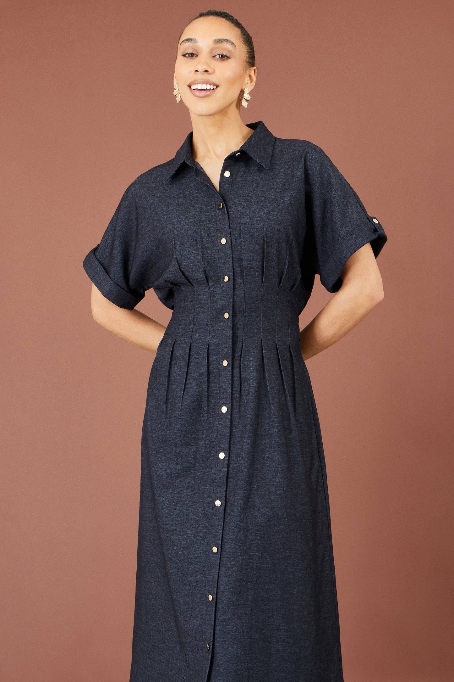 Navy Stretch Midi Shirt Dress: Blue
