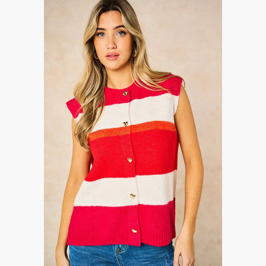 Heart Buttons Striped Sleeveless Vest in Red: One-size (UK 8-18) The Style Closet