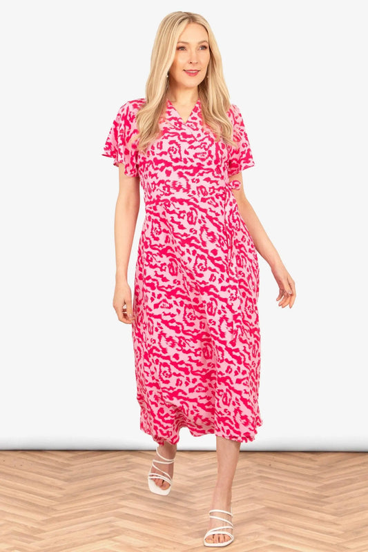 Addie Short Sleeve Wrap Dress - Pink, Animal: Large (UK 16-18) Sarta