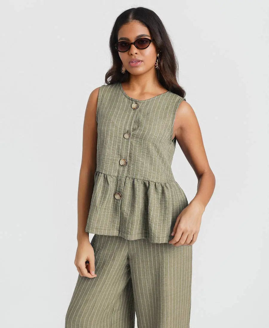 Khaki Stripe Peplum Top: M Needs No Label