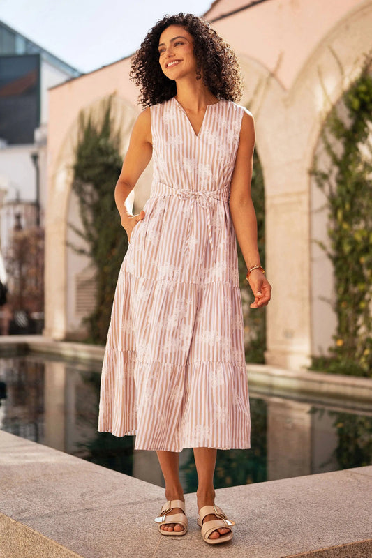Yumi Brown Stripe With Embroidered Flower Cotton Dress: Brown / 10 Yumi