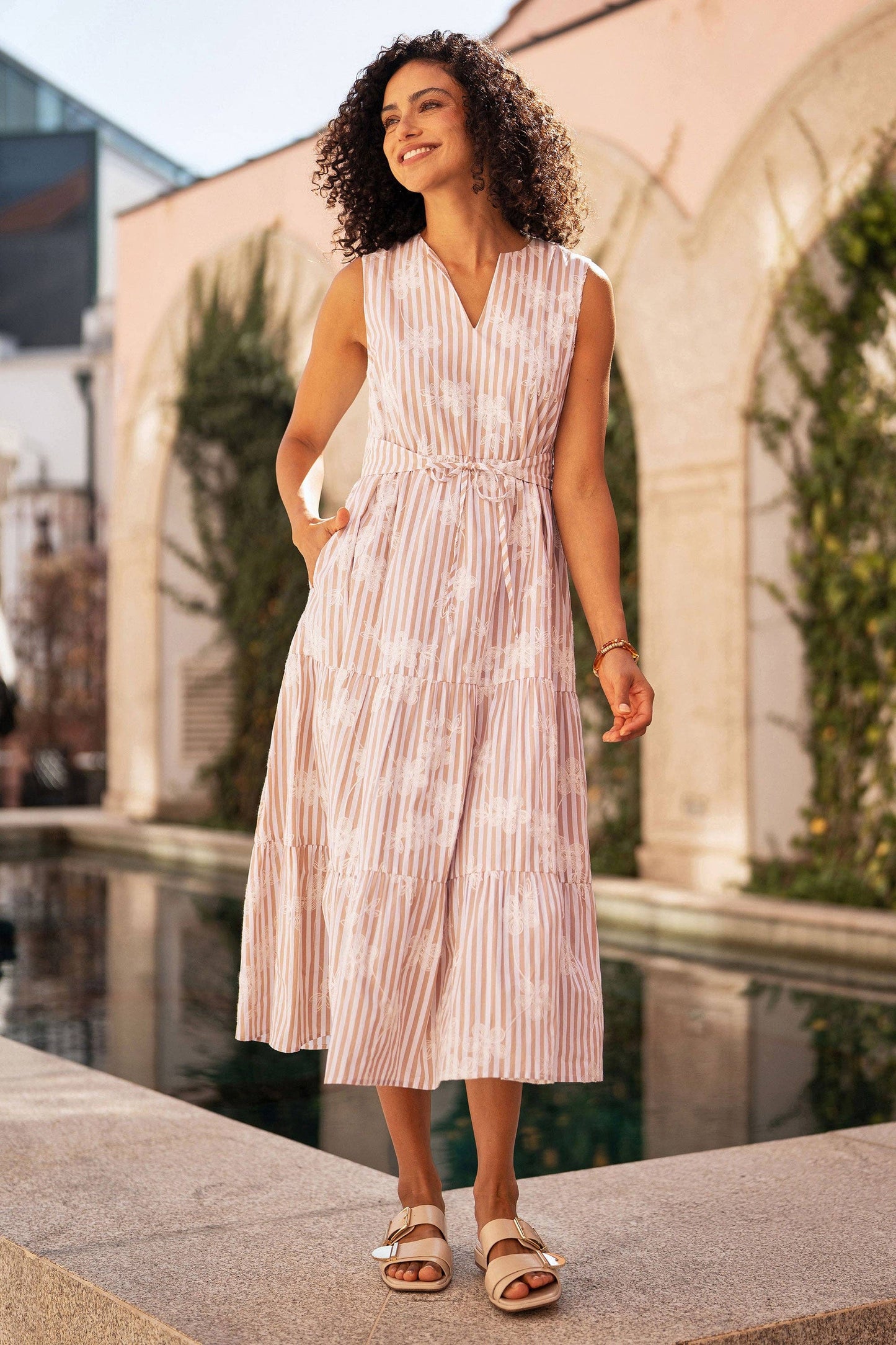 Yumi Brown Stripe With Embroidered Flower Cotton Dress: Brown / 14