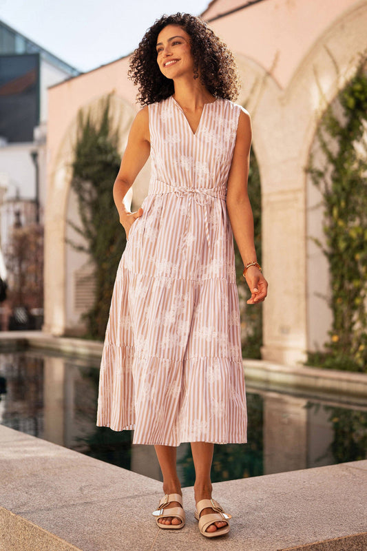 Yumi Brown Stripe With Embroidered Flower Cotton Dress: Brown / 12