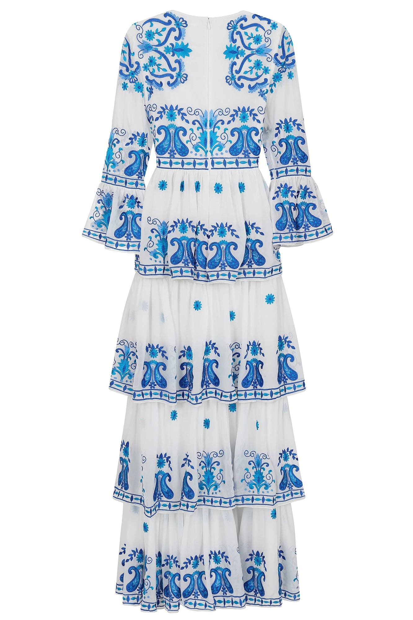 Elodea White and Blue Embroidered Tiered Maxi Dress: 12 / White