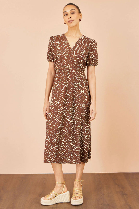Brown Spot Midi Dress With Split Hemline: Brown / 10 Yumi