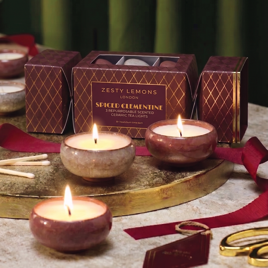 Under the Tree: Burgundy & Gold Tea Light Cracker (Box of 3) - Spiced Clementine