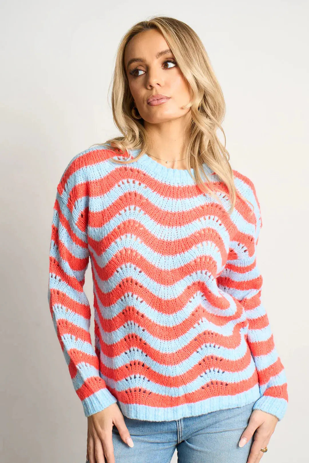 Wave Stripe Scalloped Italian Wool Blend Jumper in Blue/Coral The Style Closet