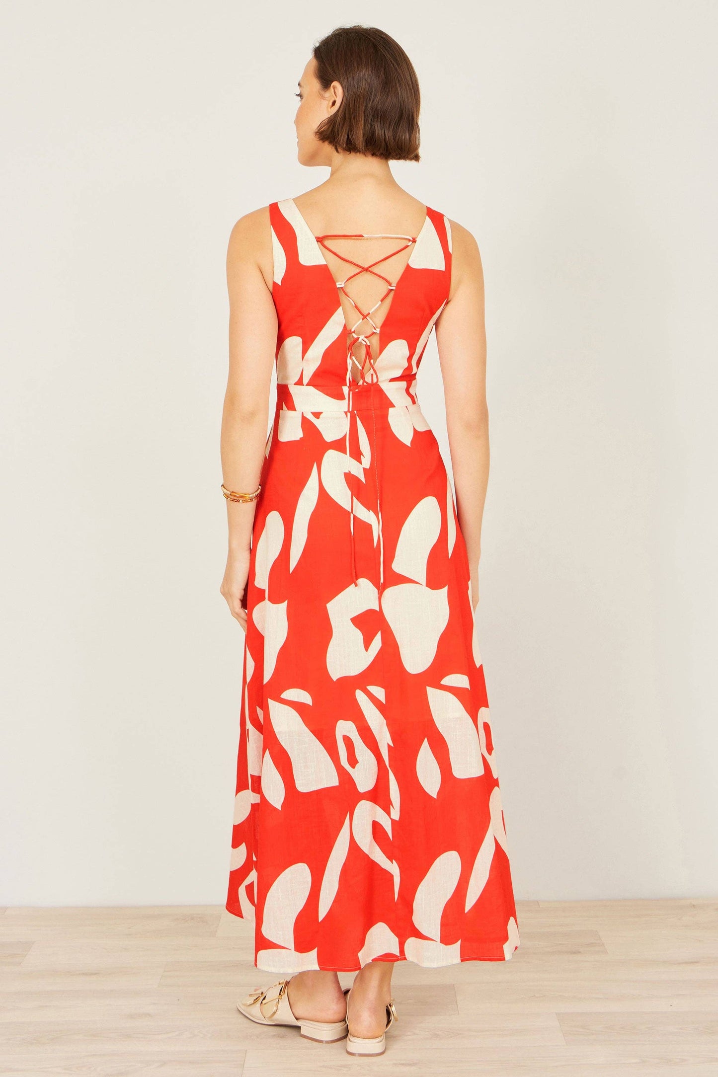 Yumi Orange Abstract Maxi Dress With Tie Back: Orange / 8