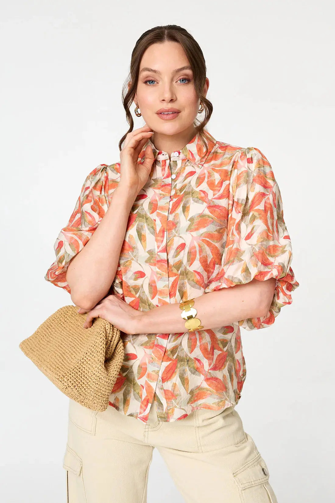 Orange/Khaki Leaf Print Puff Sleeve Shirt The Style Closet