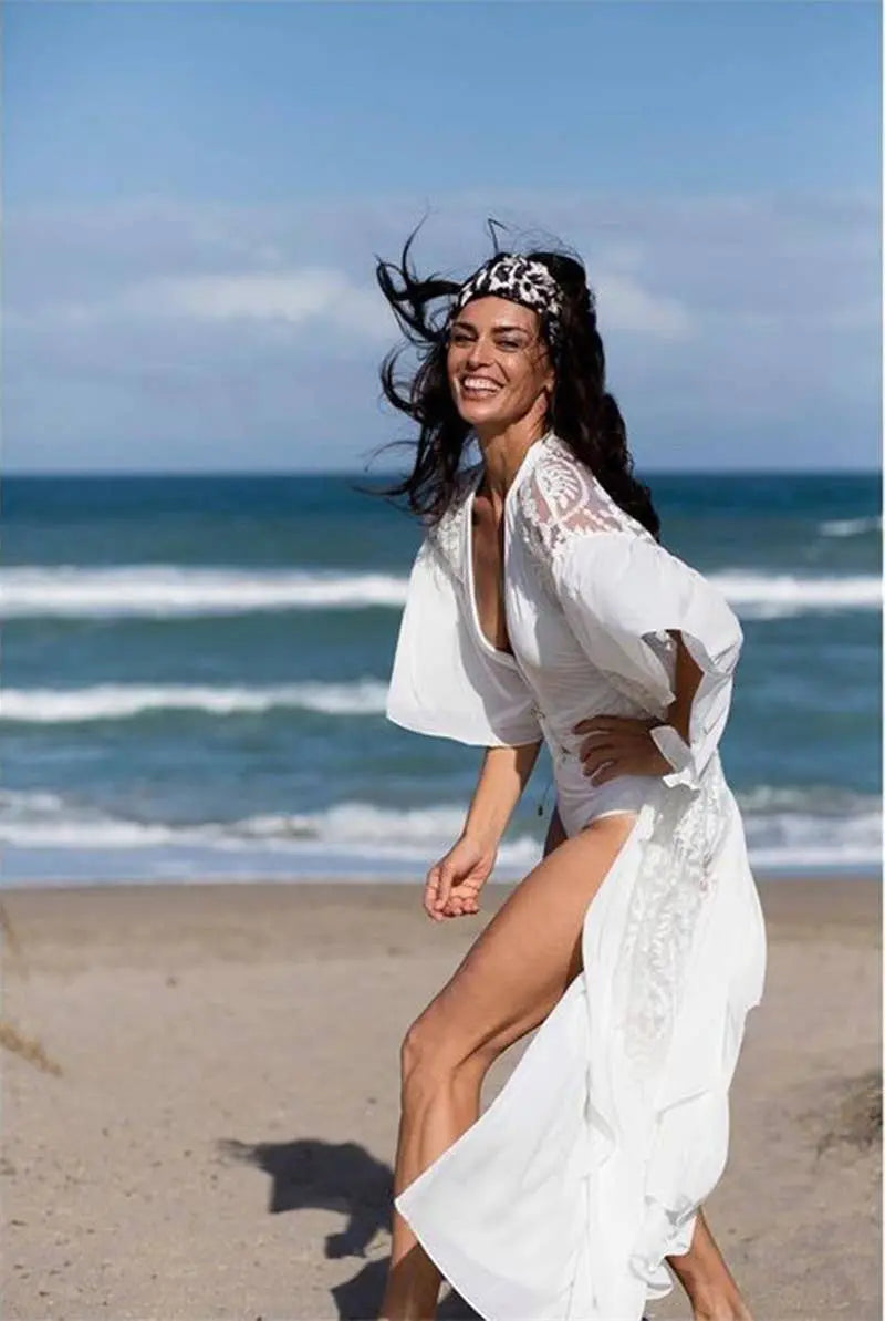 White Lace Crochet Beach Cover-Up Kimono The Style Closet