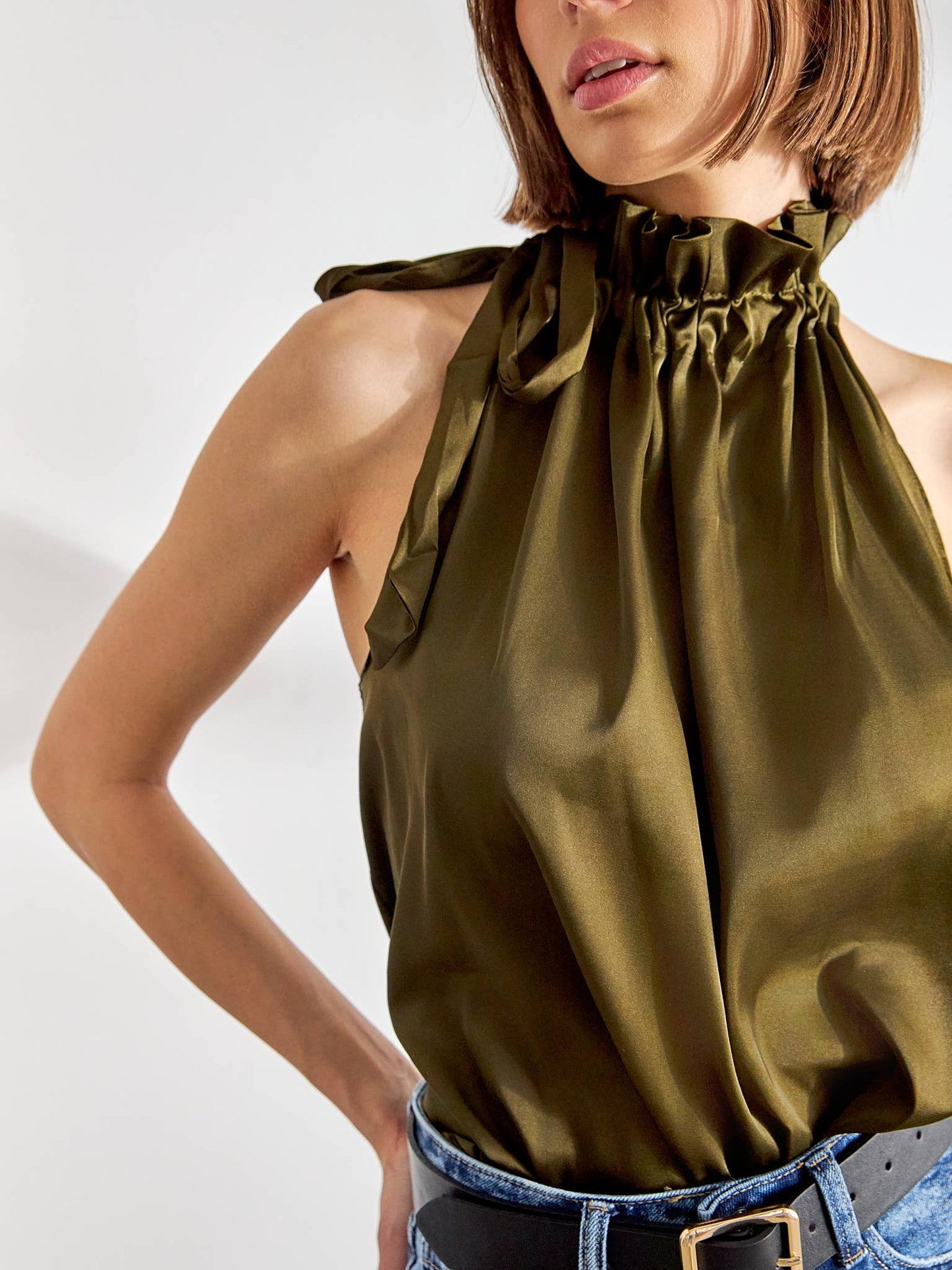 Elisabeth satin top with bow on the collar - CK08090: One size / Champagne