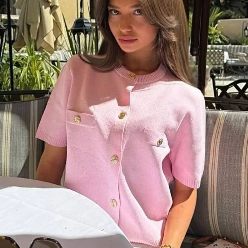 Short Sleeve Knit Top with Gold Button Accents: Pink The Style Closet