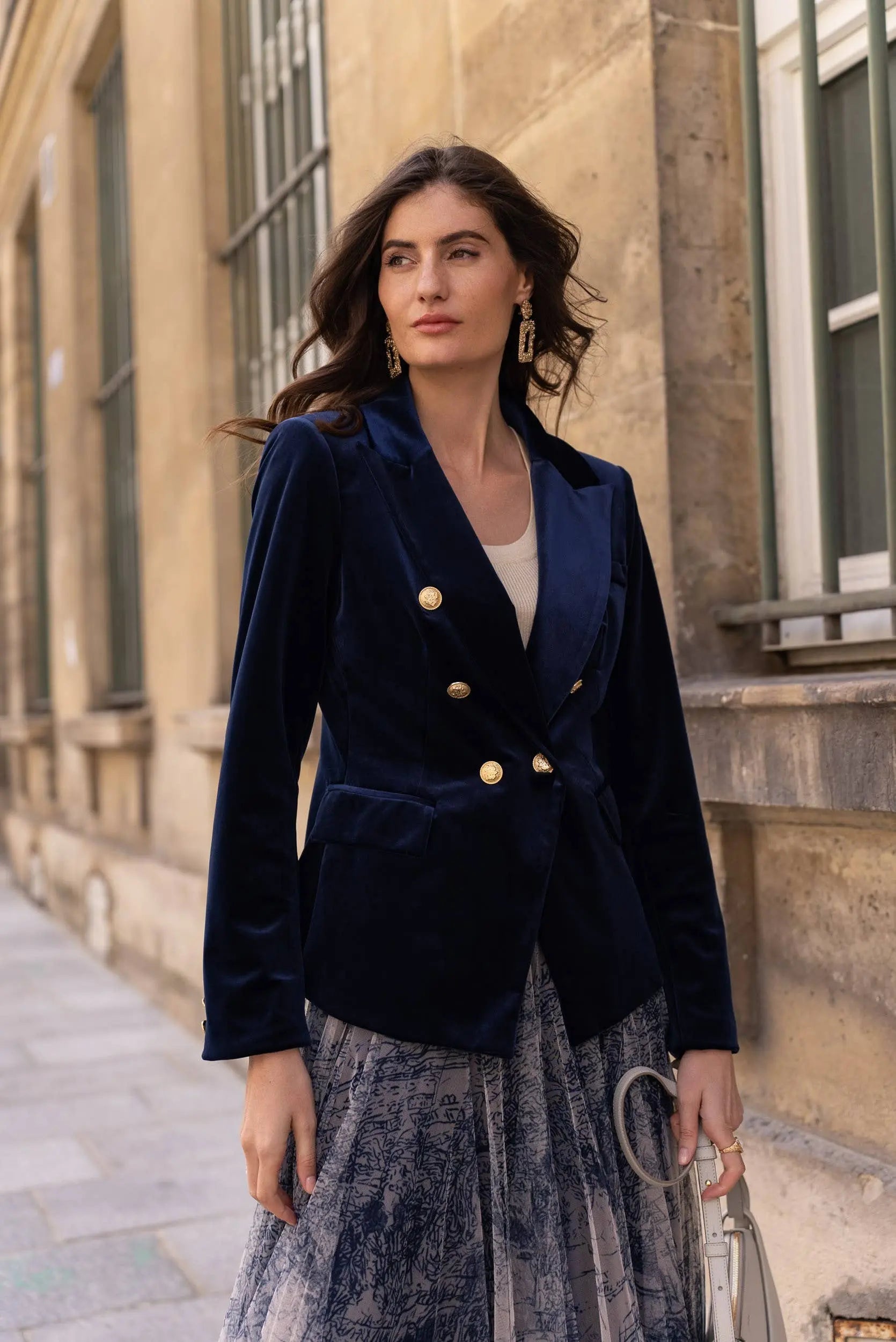 Double-breasted velvet blazer with gold buttons - KHAKI The Style Closet