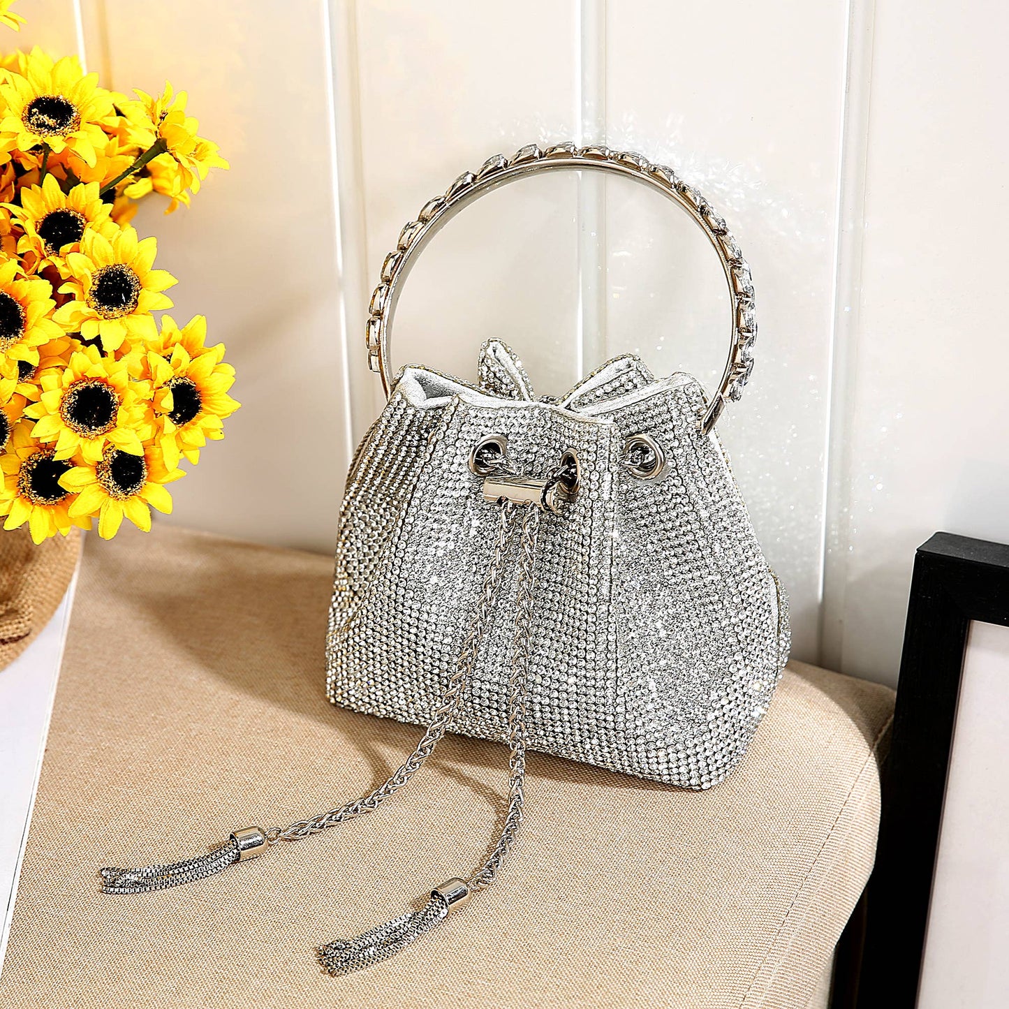 crystal bon Bon bag with crystal handle: Silver The Style Closet