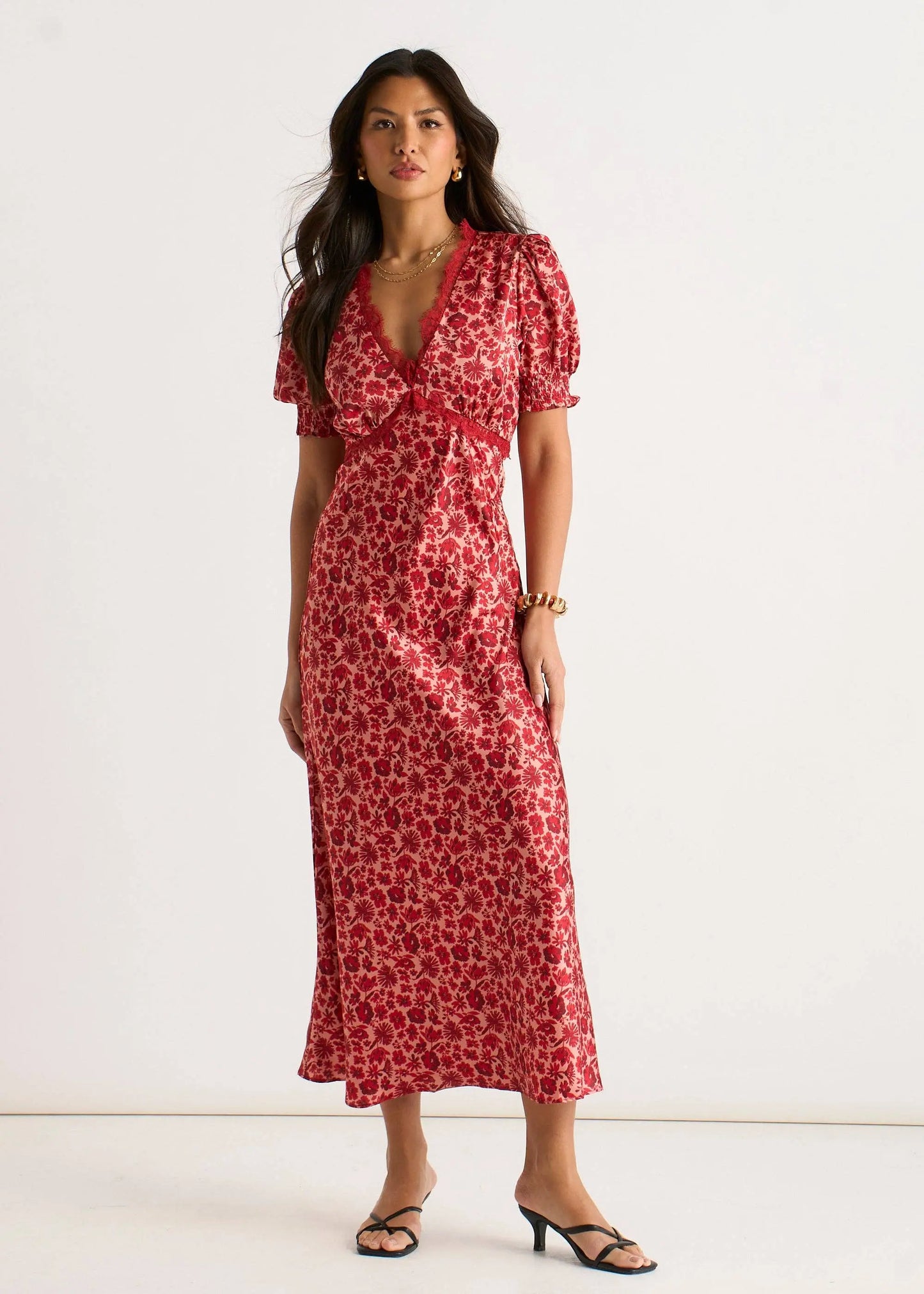 Red Floral Lace Trim V Neck Midi Dress The Style Closet