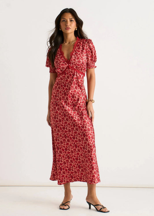 Red Floral Lace Trim V Neck Midi Dress The Style Closet