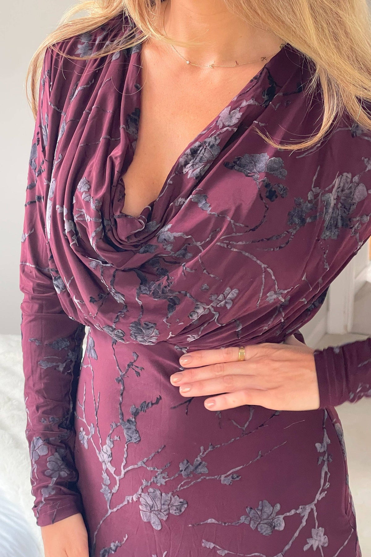 Remington Flocked Floral Cowl Neck Midi Dress Plum: WINE