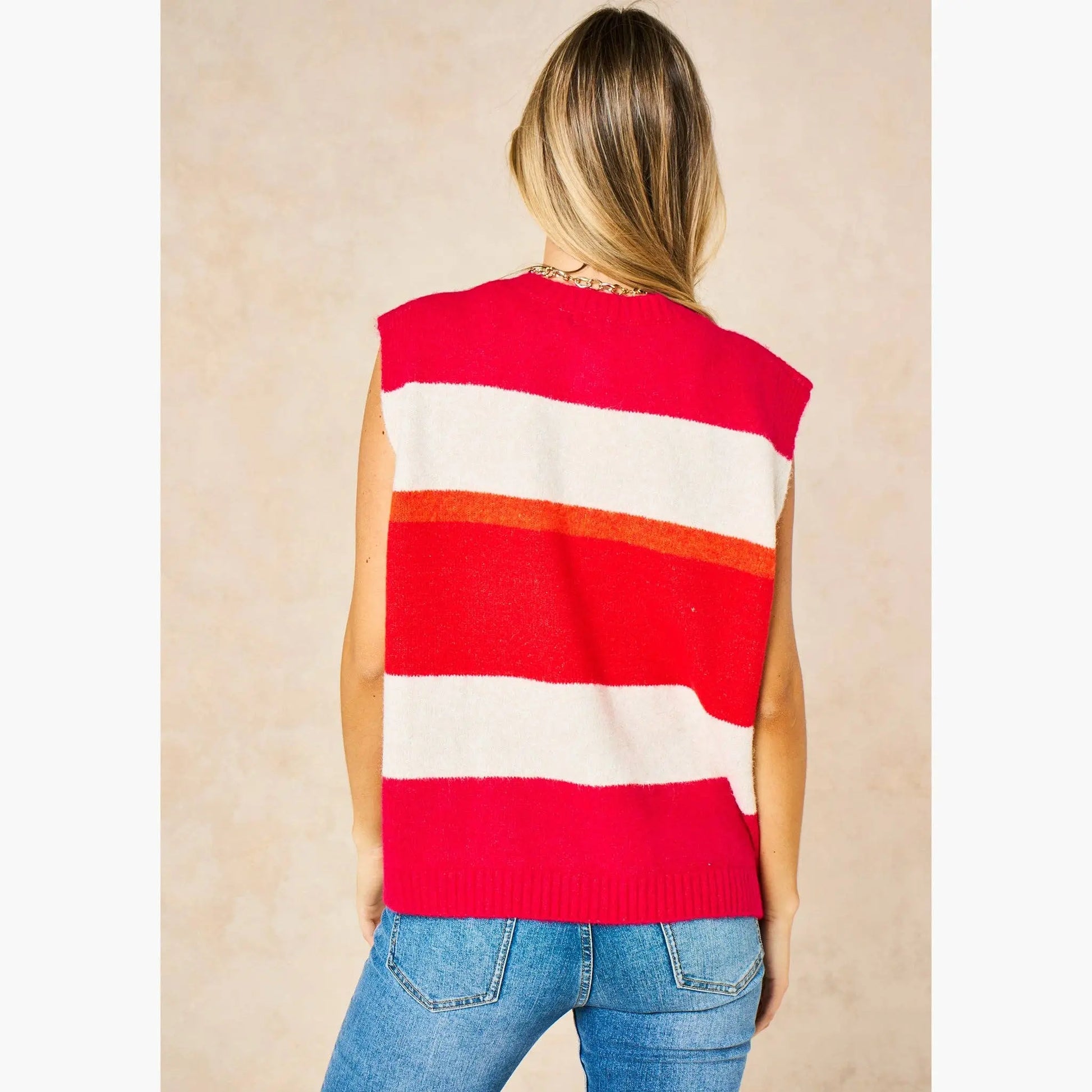 Heart Buttons Striped Sleeveless Vest in Red: One-size (UK 8-18) The Style Closet