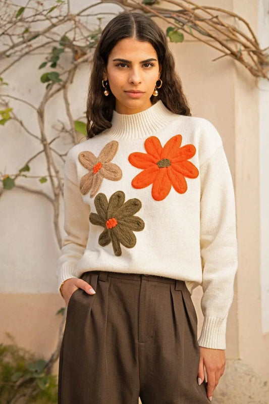 Yumi Ivory Knitted High Neck Jumper With Appliqué Flowers: - The Style Closet