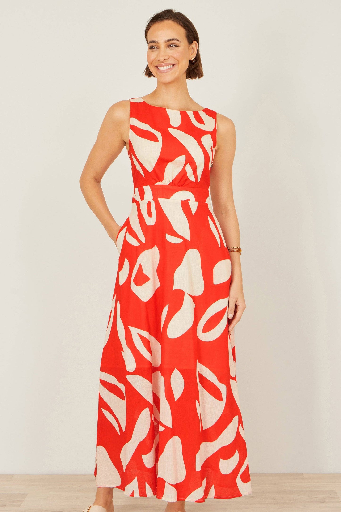 Yumi Orange Abstract Maxi Dress With Tie Back: Orange / 8