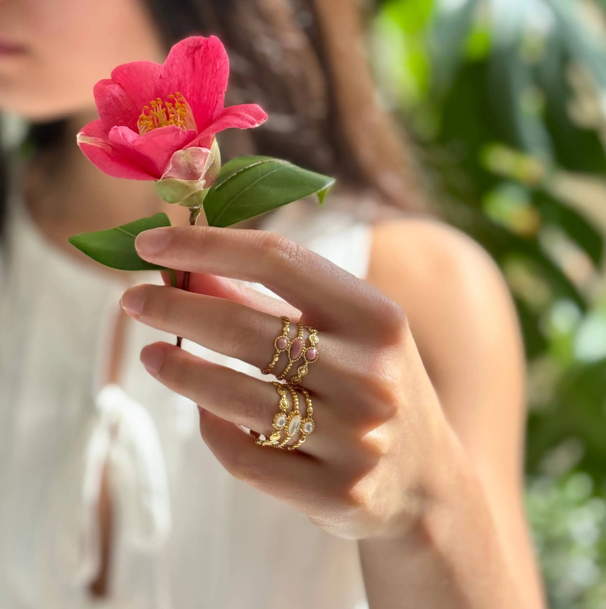 18ct Gold Plated Mother Of Pearl Triple Band Adjustable Ring The Style Closet