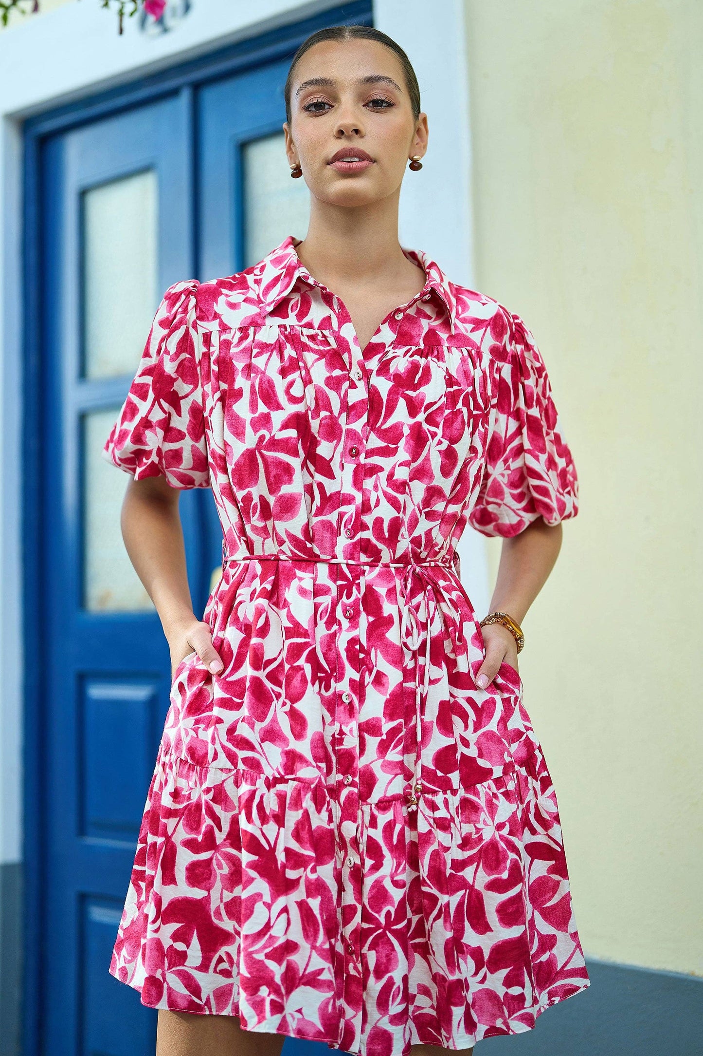 Yumi Pink Floral Print Viscose Relaxed Shirt Dress: Pink / 14