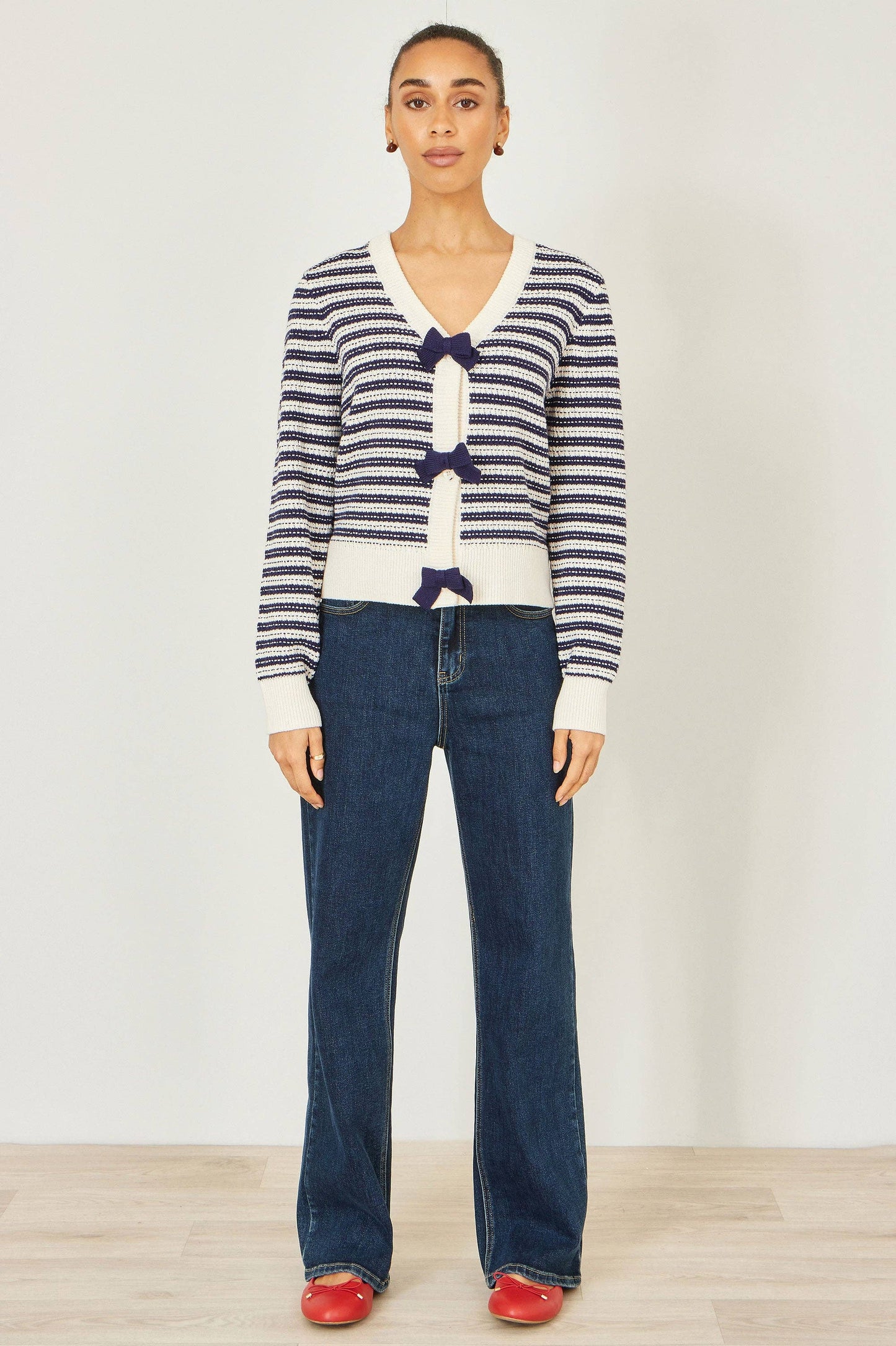 Multicolour Block Stripe Tie Front Cardigan: Navy
