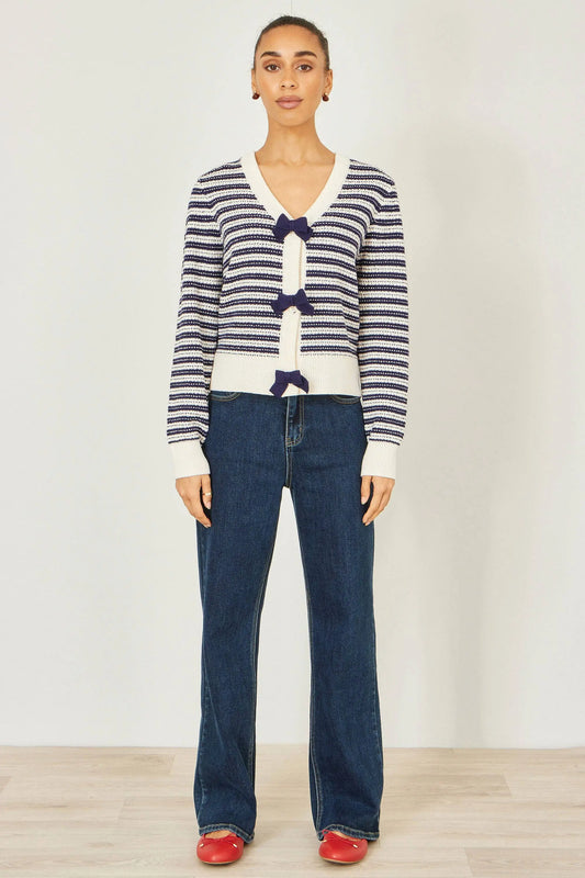 Multicolour Block Stripe Tie Front Cardigan: Navy The Style Closet