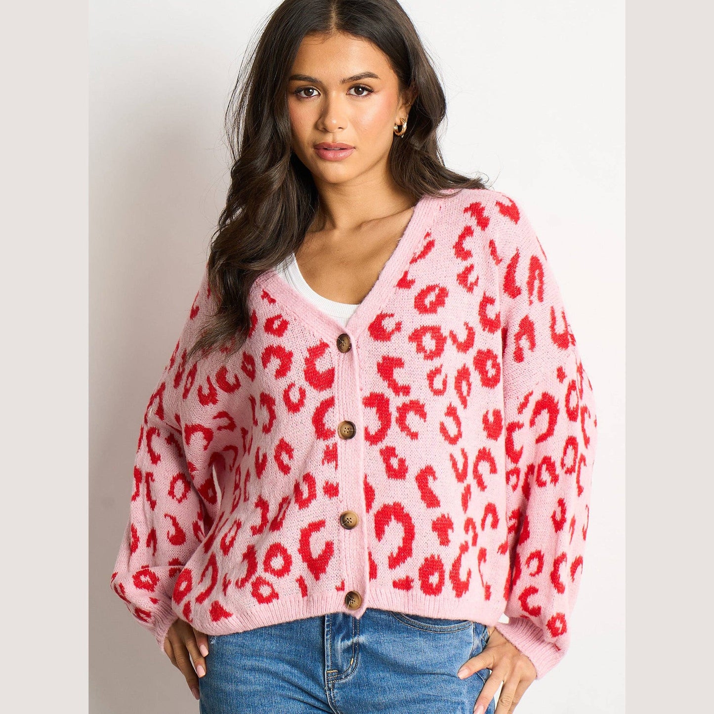 Leopard Print Italian Wool Blend Cardigan in Pink/Red: One-size (UK 8-18)