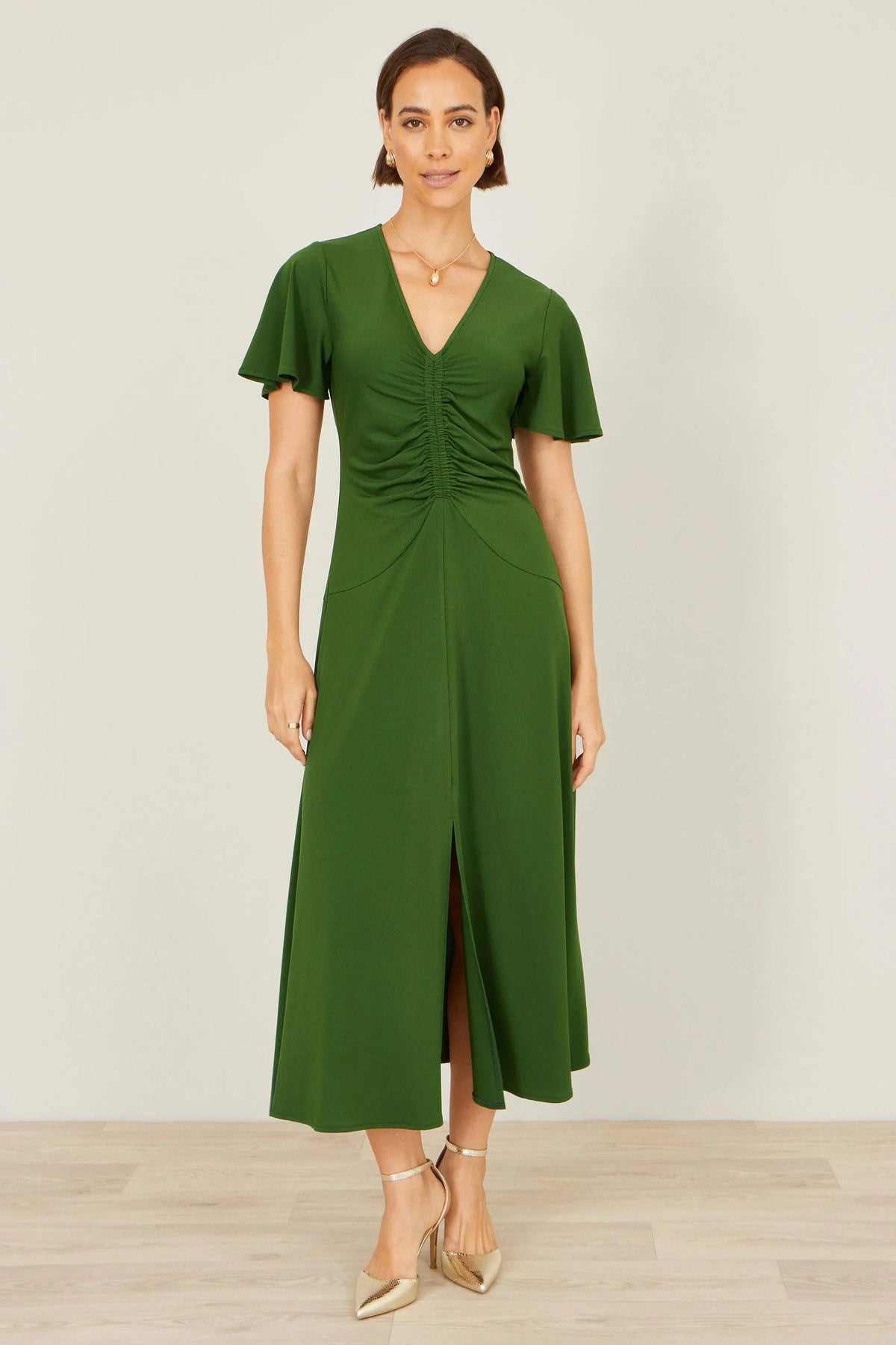 Yumi Green Ruched Front Stretch Midi Dress: Green / 10 Yumi