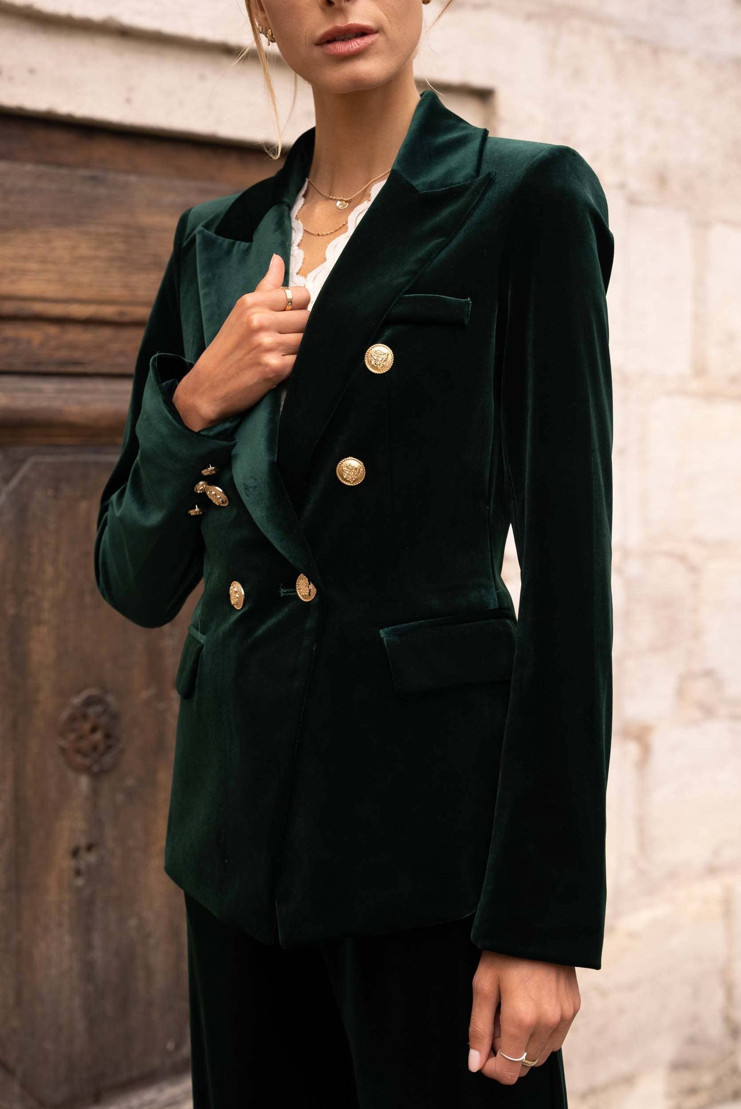 Double-breasted velvet blazer with gold buttons - KHAKI