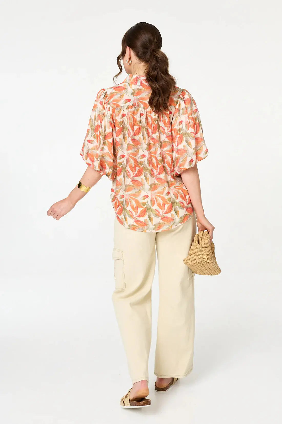 Orange/Khaki Leaf Print Puff Sleeve Shirt The Style Closet