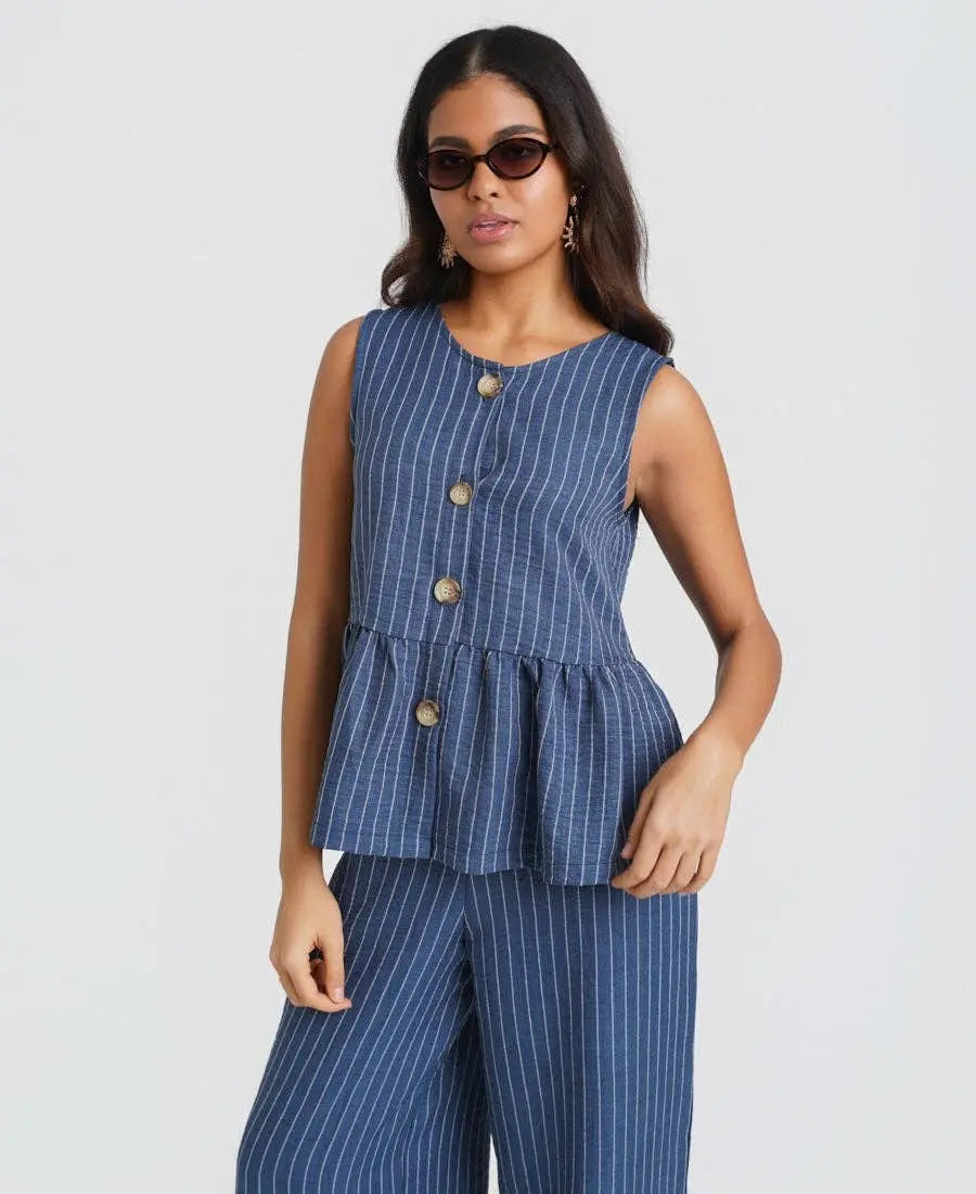 Blue Stripe Peplum Top: L Needs No Label