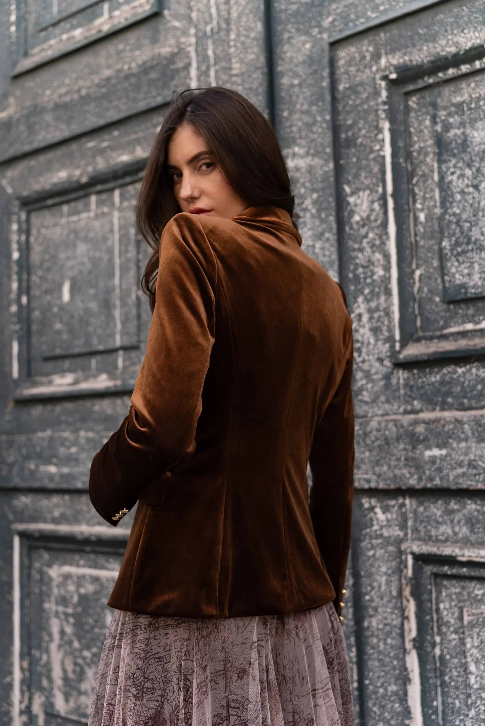 Double-breasted velvet blazer with gold buttons - KHAKI The Style Closet