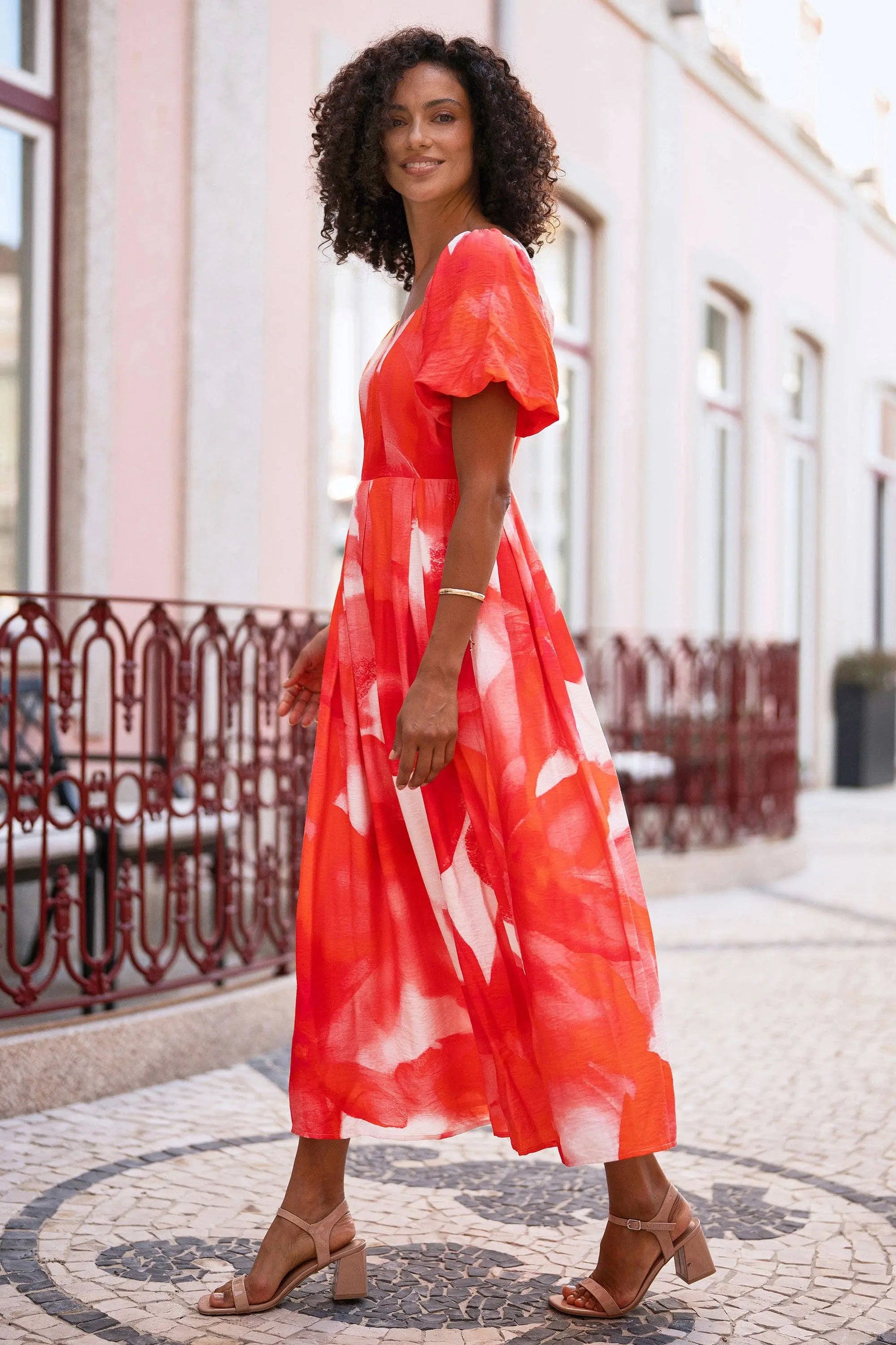 Red Viscose Floral Midi Dress With Puff Sleeves: Red The Style Closet