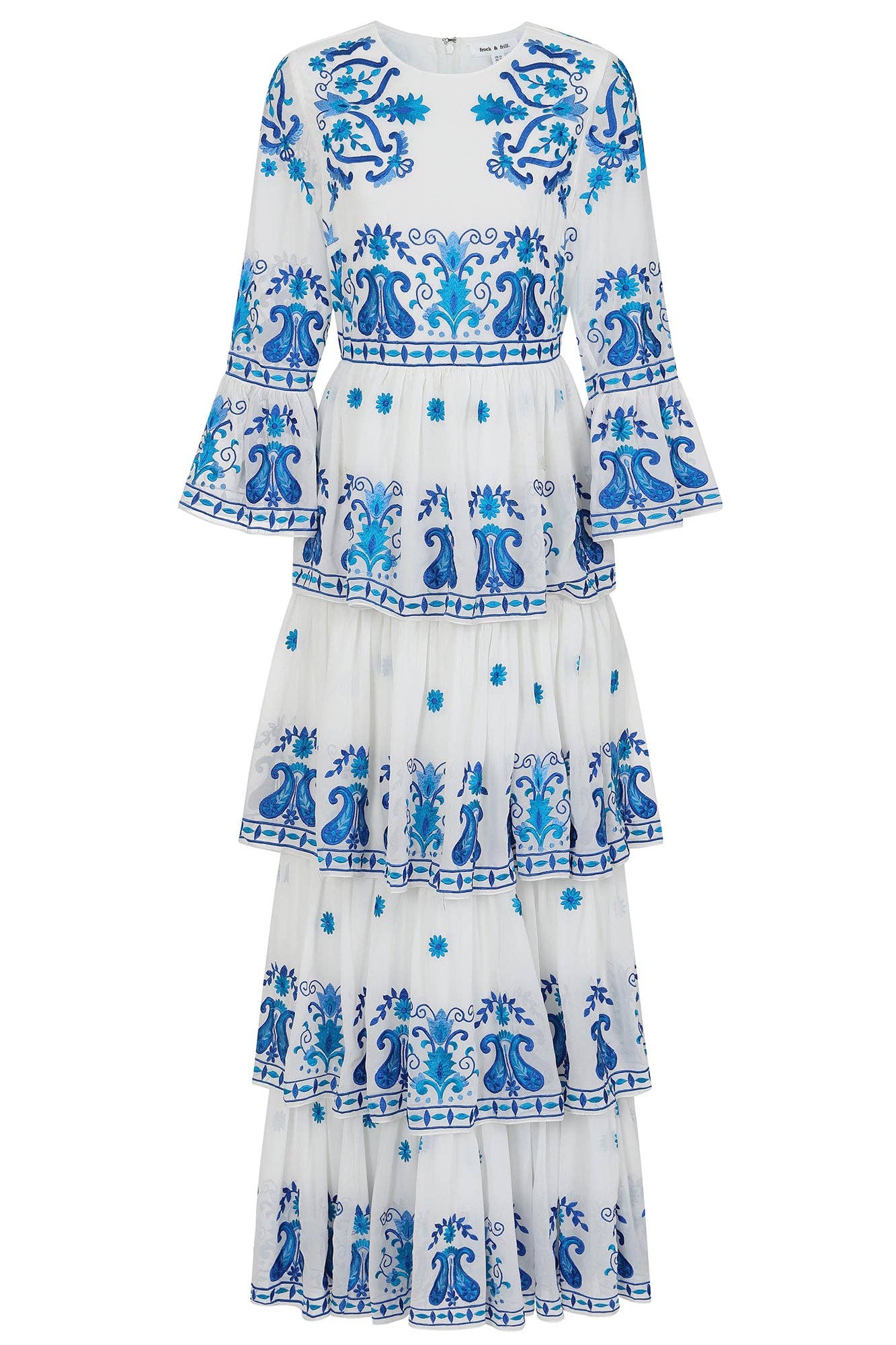 Elodea White and Blue Embroidered Tiered Maxi Dress: 12 / White