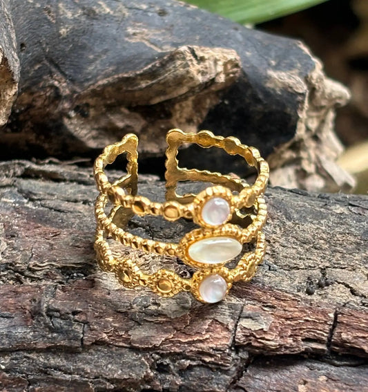 18ct Gold Plated Mother Of Pearl Triple Band Adjustable Ring The Style Closet