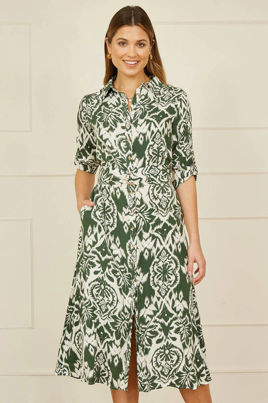 Green Ikat Geo Print Midi Shirt Dress: Green The Style Closet