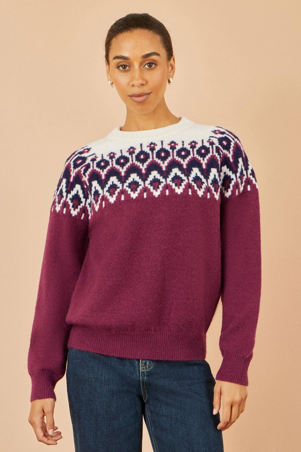Yumi Burgundy Fair isle Relaxed Fit Knitted Jumper: Burgundy / M/L