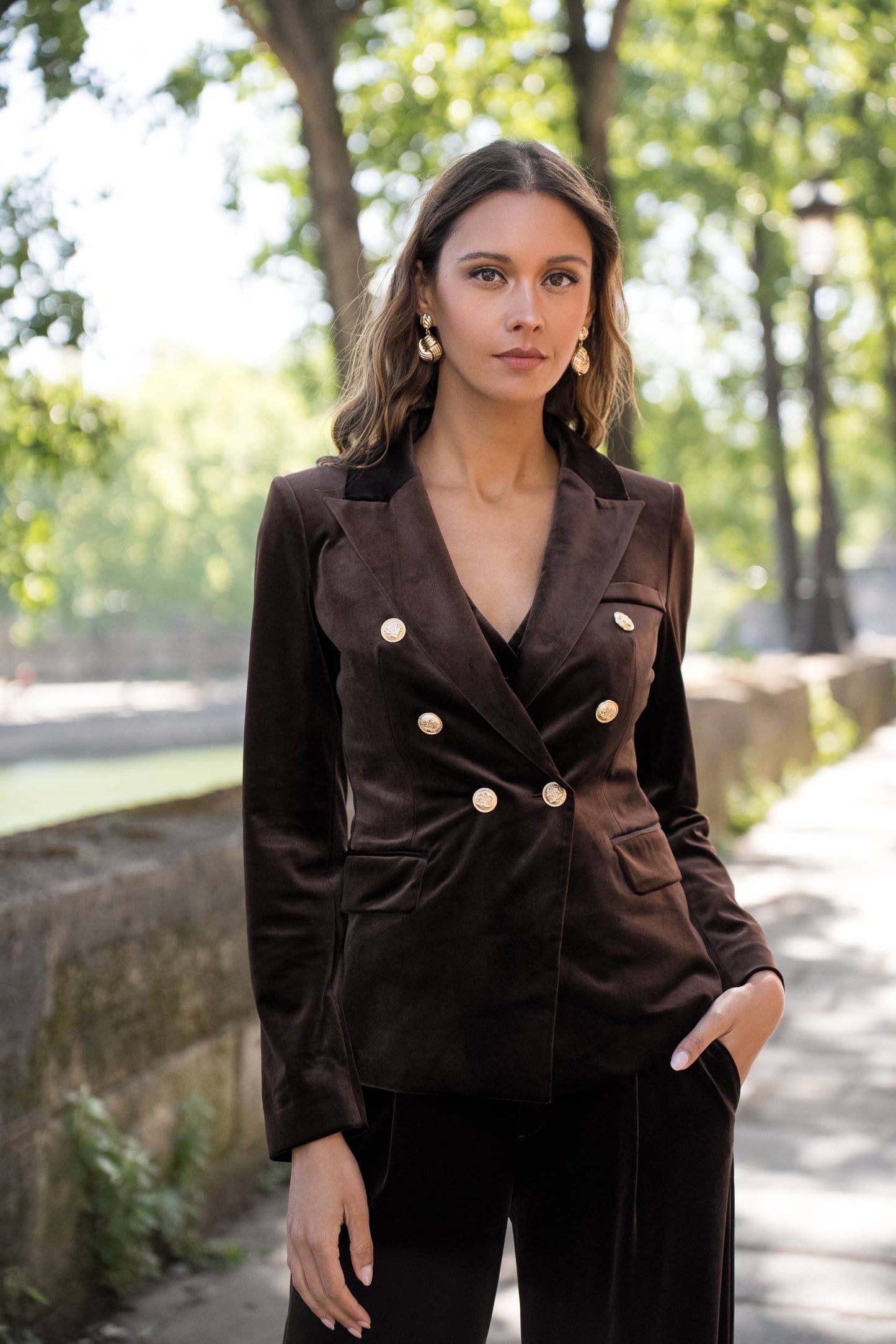 Double-breasted velvet blazer with gold buttons - Chocolate Brown