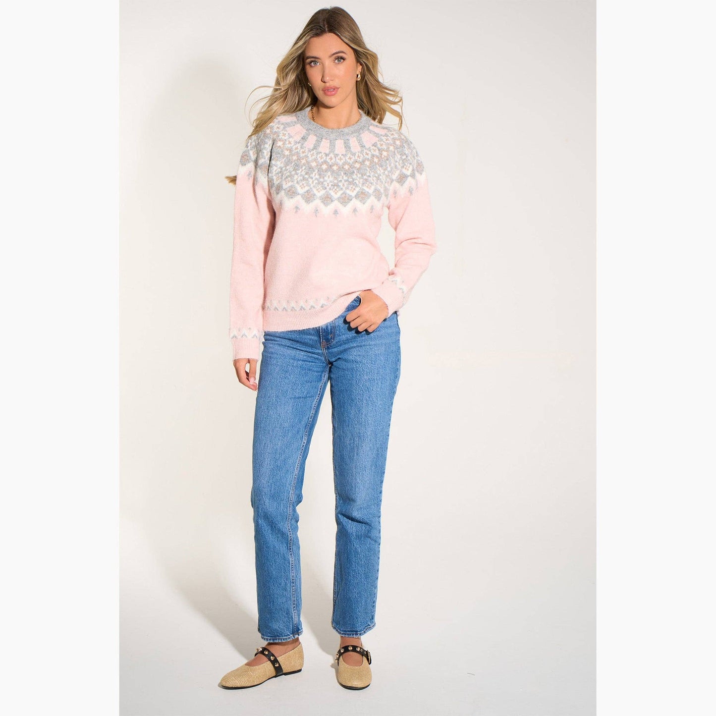 Nordic Style Jumper in Pink/Grey: One Size