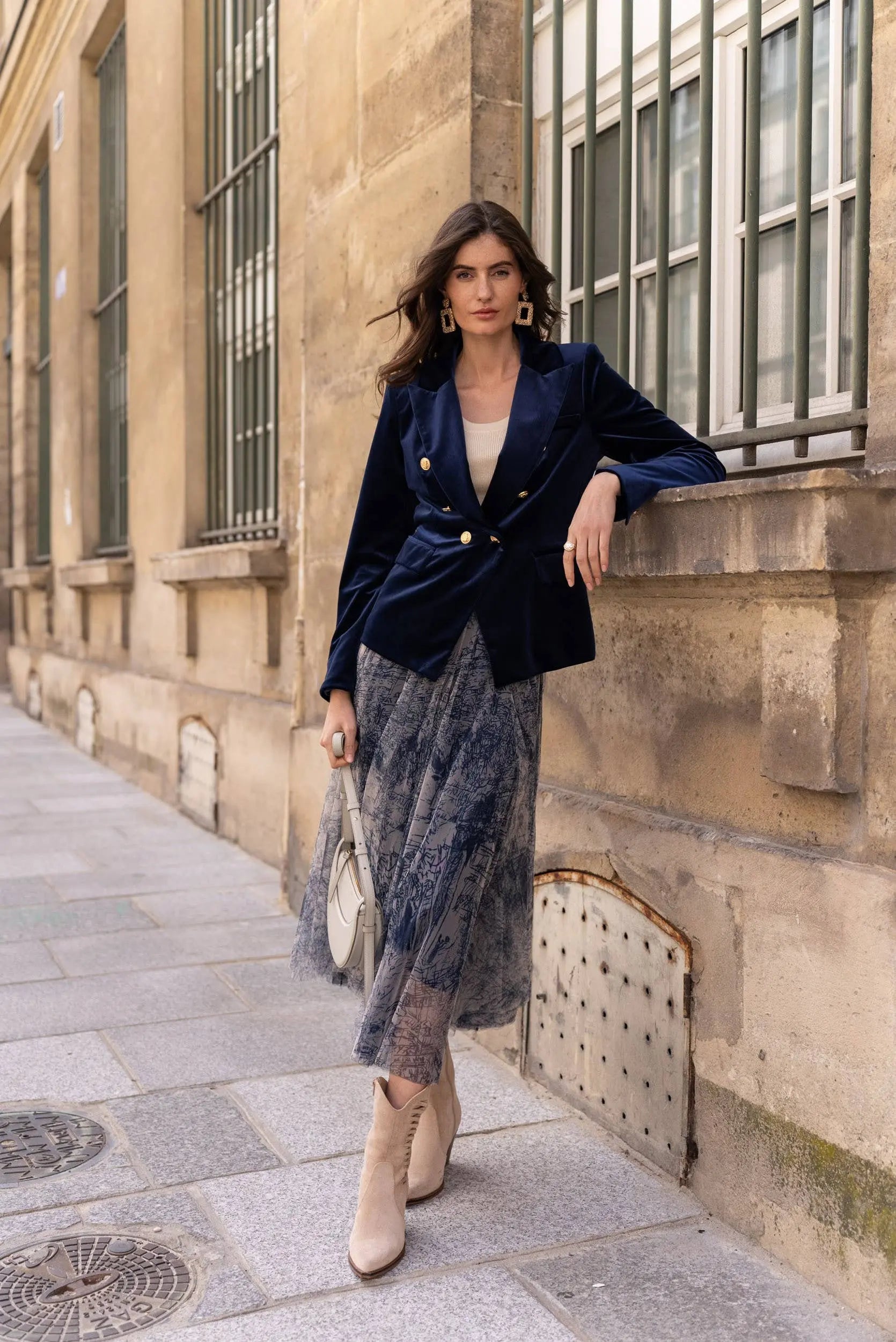 Double-breasted velvet blazer with gold buttons - KHAKI The Style Closet