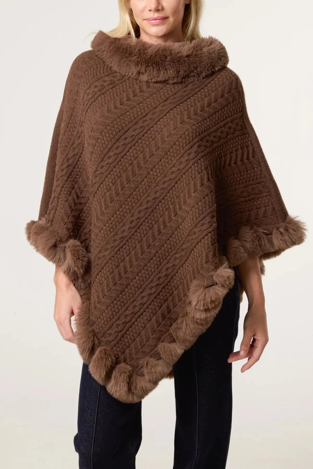 FAUX FUR COLLAR & TRIM KNIT PONCHO The Style Closet