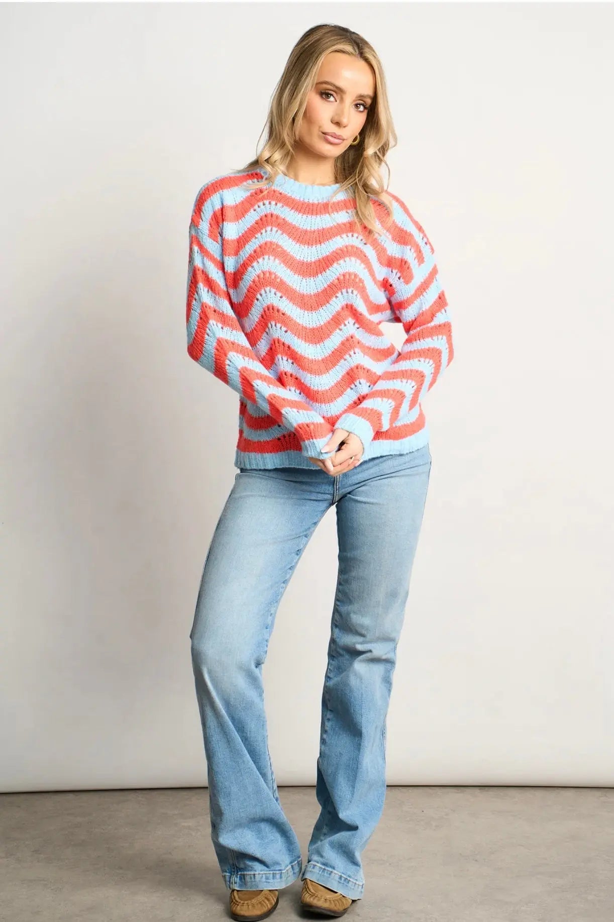 Wave Stripe Scalloped Italian Wool Blend Jumper in Blue/Coral The Style Closet