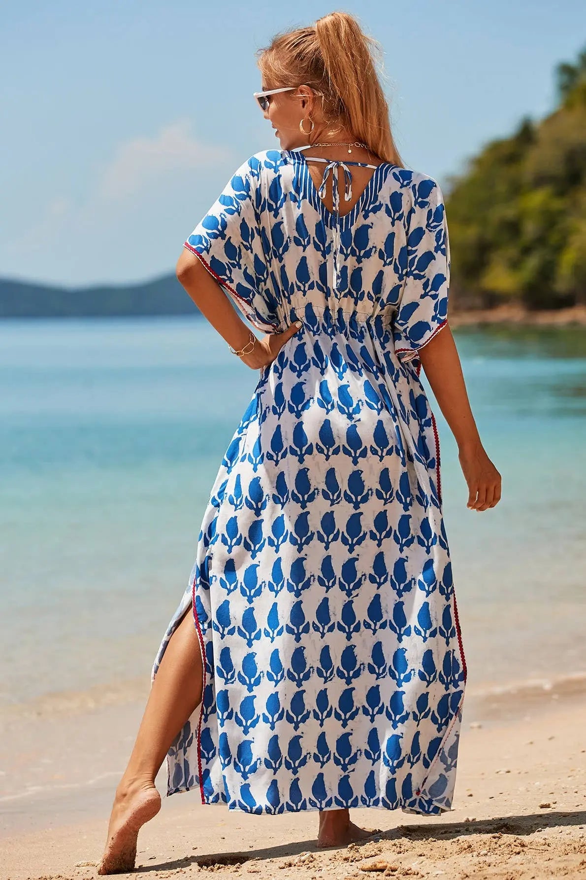 Bohemian Blue and White Leaf's Kaftan Beach Dress The Style Closet